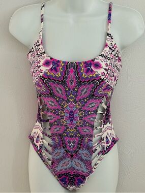 Red Carter Ikat-Style Swimsuit Pink & Purple Strappy Cutouts Adjustable One Pc M